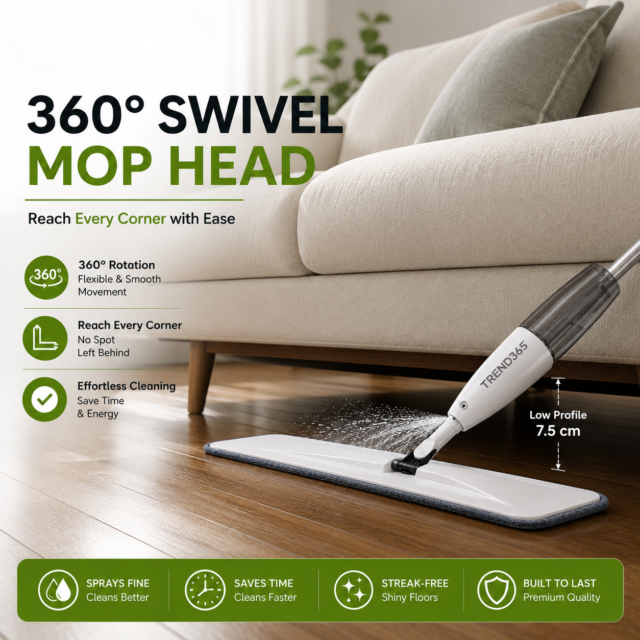 Trend365®️ Smart Spray Mop Pro | Refillable Tank, 360° Swivel Head & Washable Microfiber Pad