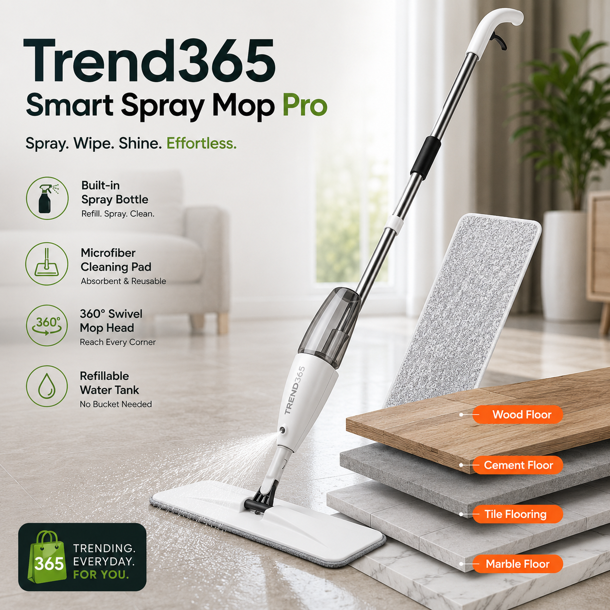 Trend365®️ Smart Spray Mop Pro | Refillable Tank, 360° Swivel Head & Washable Microfiber Pad