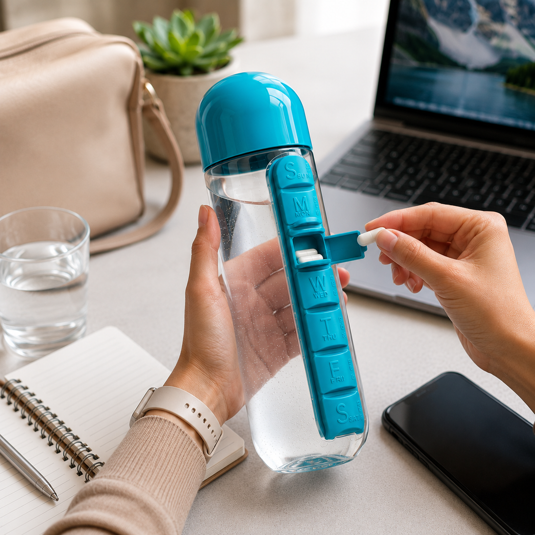 2-in-1 Pill Bottle | Water Bottle with Built-in Pill Organizer