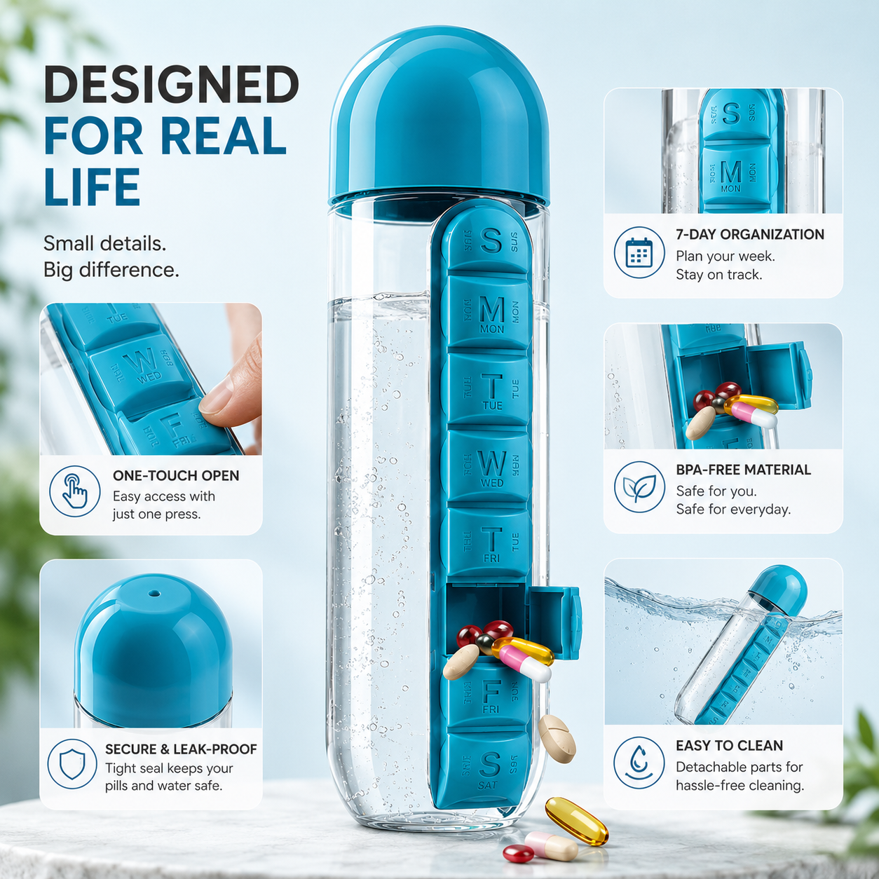 2-in-1 Pill Bottle | Water Bottle with Built-in Pill Organizer