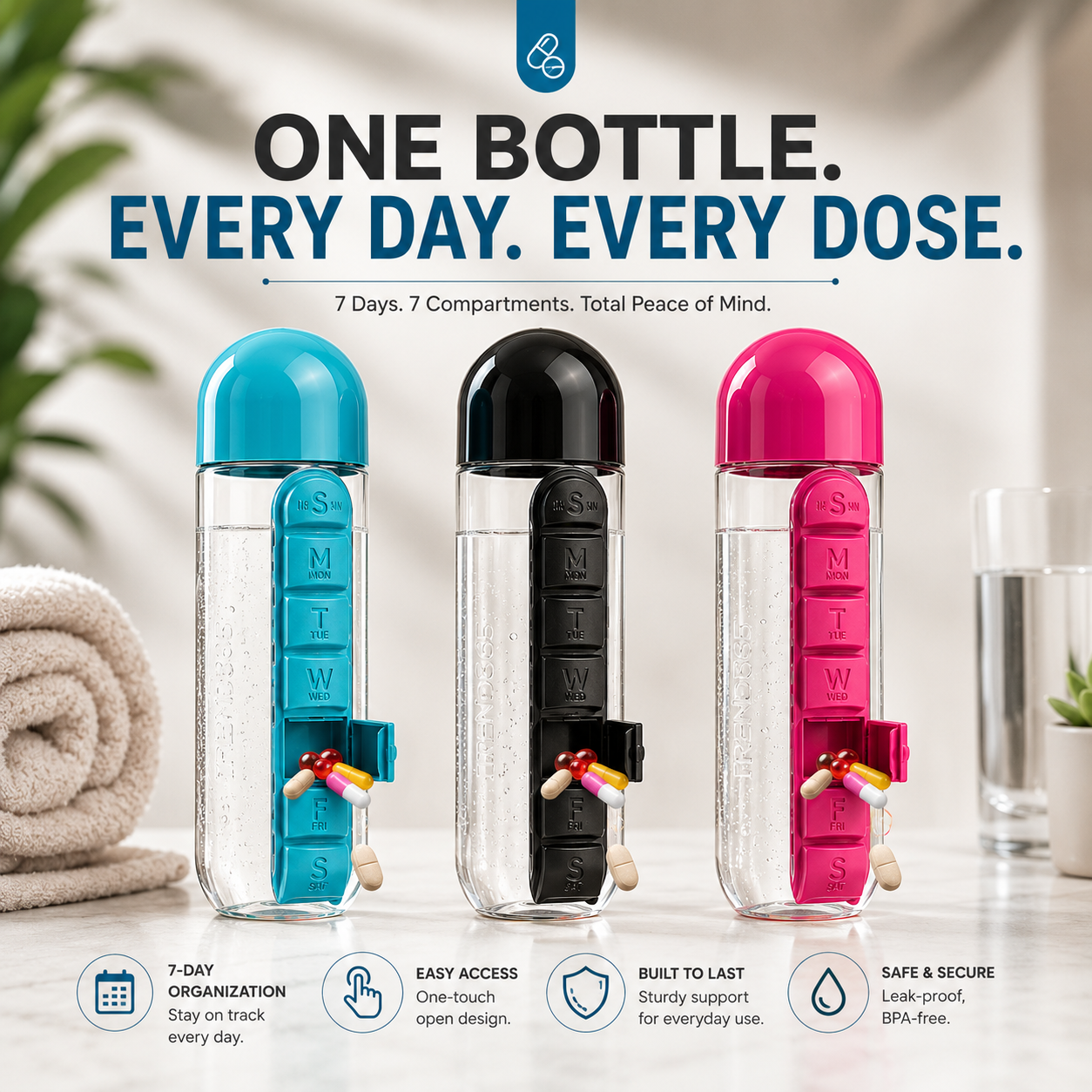 2-in-1 Pill Bottle | Water Bottle with Built-in Pill Organizer