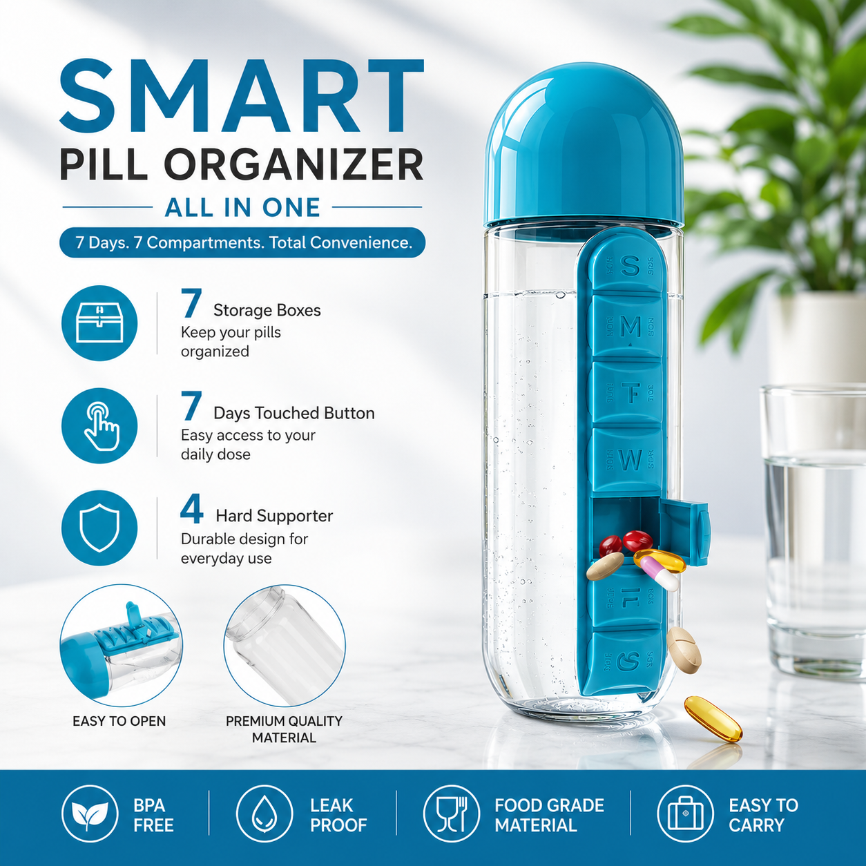 2-in-1 Pill Bottle | Water Bottle with Built-in Pill Organizer