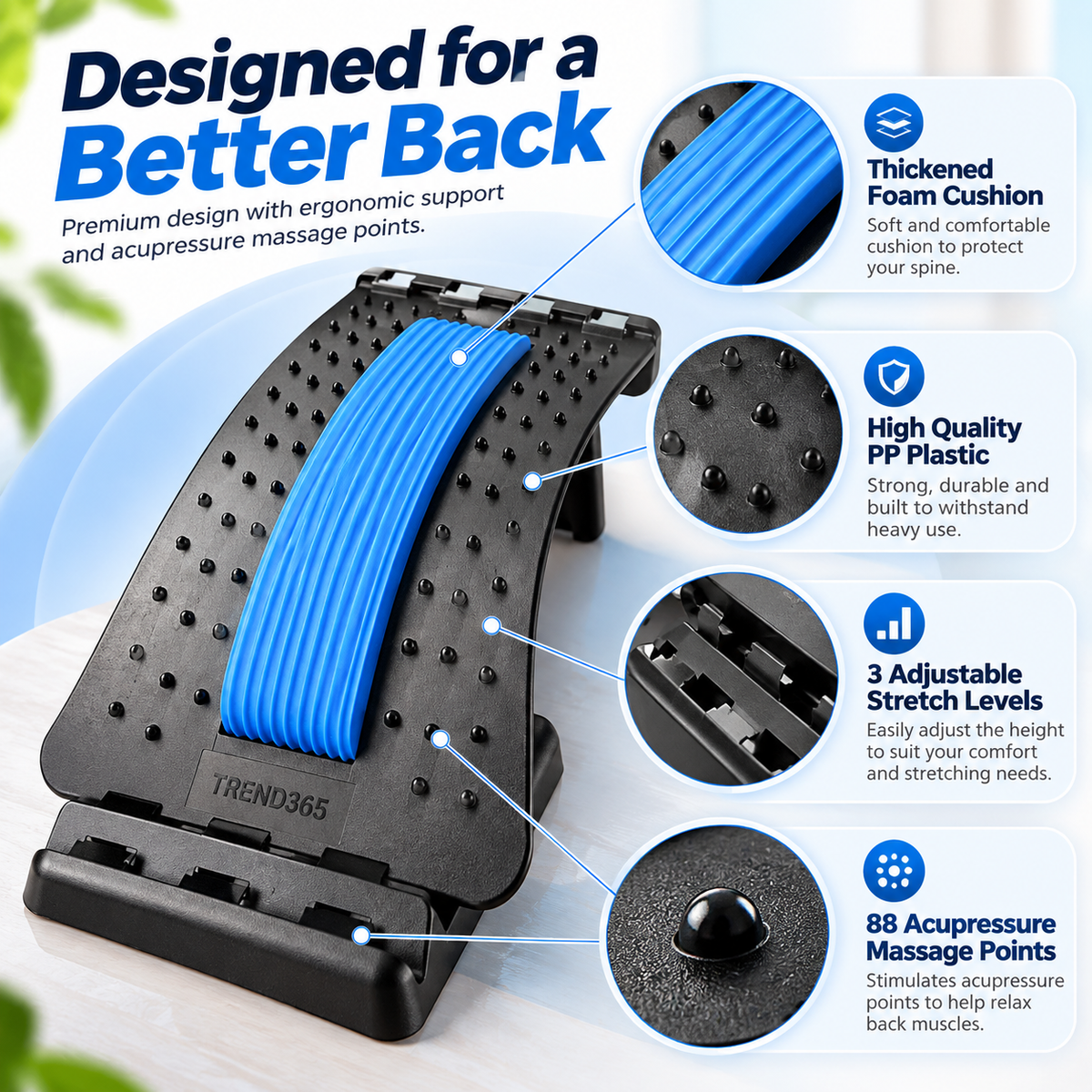 Magic 3-Level Back Stretcher | Adjustable Lumbar Support & Acupressure Massage