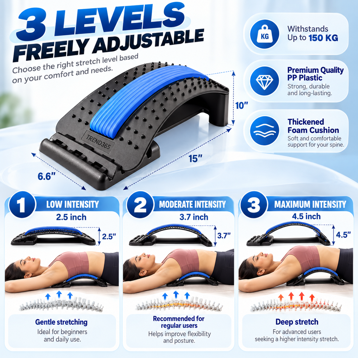 Magic 3-Level Back Stretcher | Adjustable Lumbar Support & Acupressure Massage