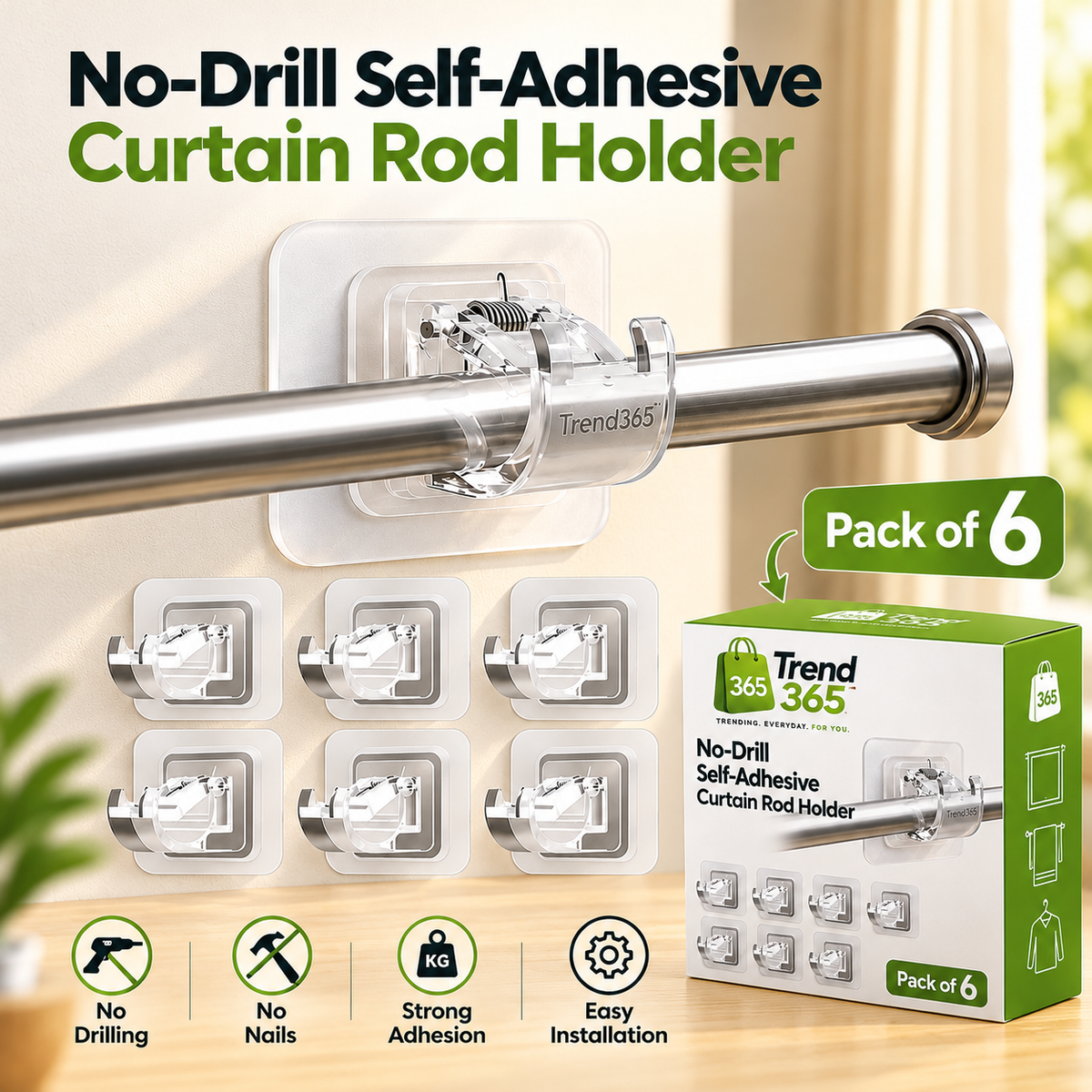 No-Drill Self-Adhesive Curtain Rod Holder (Pack Of 6)